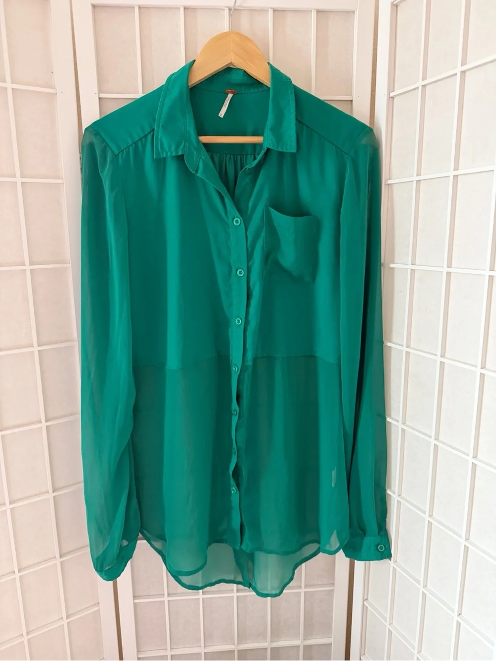 Free People Green Semi-Sheer Long Sleeve Button Down Shirt Medium